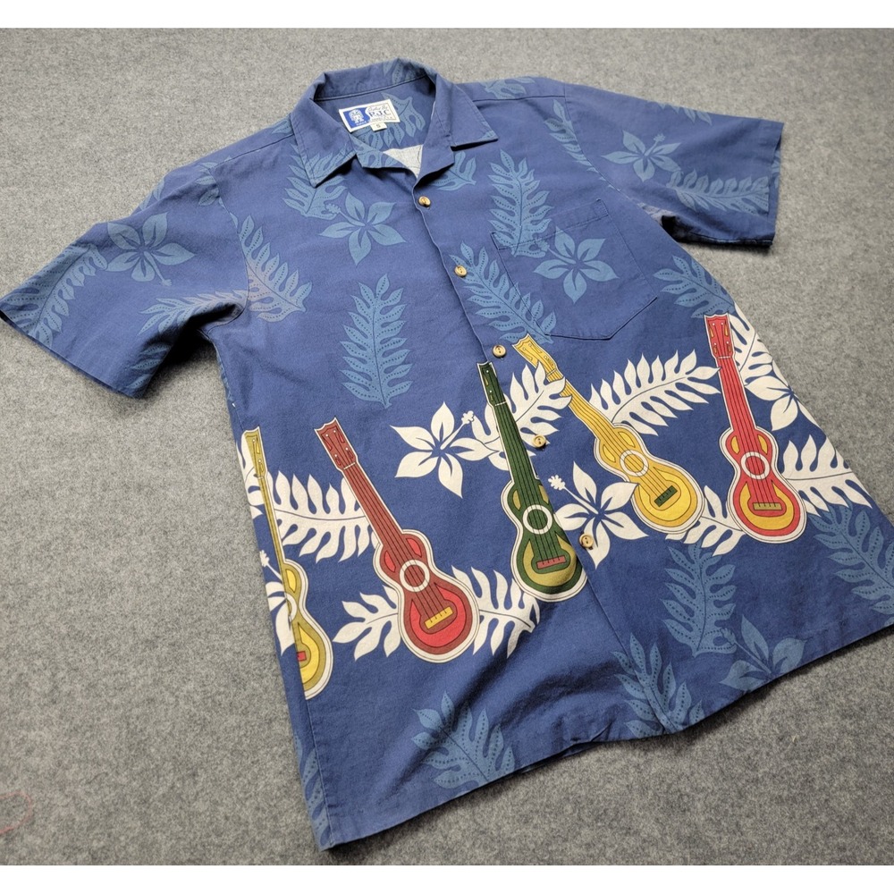 RJC Hawaiian Aloha Shirt Small Blue Surfboard Ukulele Palm Made in USA